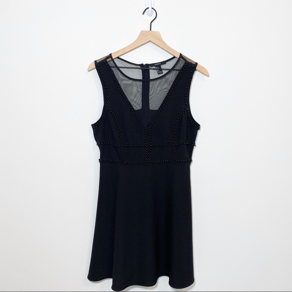 Forever 21 Black Mesh Beaded Skater Dress Size L